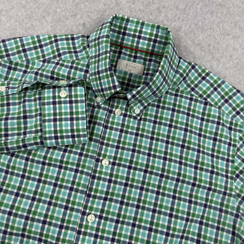 Eton Shirt Mens 42 16.5 Green Plaid Slim Fit Button Down Long Sleeve Preppy